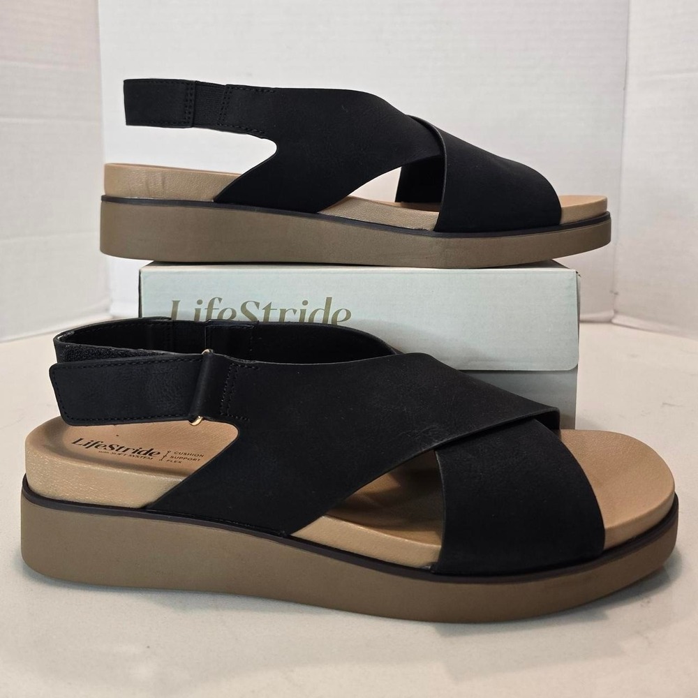LifeStride Georgina Black Nubuck Slingback Wedge Sandal Women's Size 11 US